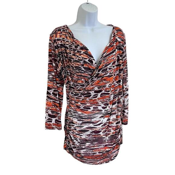 New Directions Top Size L Snake Print Faux Wrap V Neck‎ Side Chinched Blouse - Picture 5 of 14